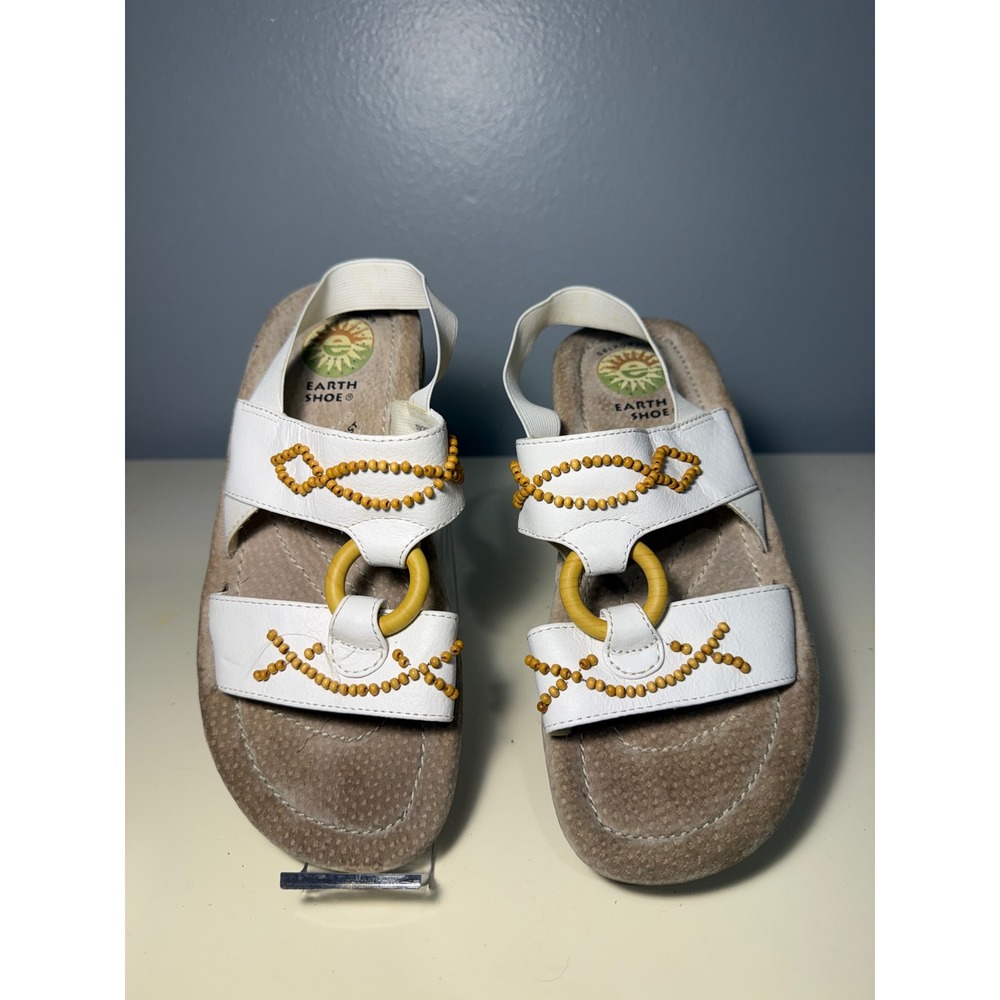 Earth Shoe Womens White Leather Beaded Slingback Sandals Comfort Gelron 2000 5.5
